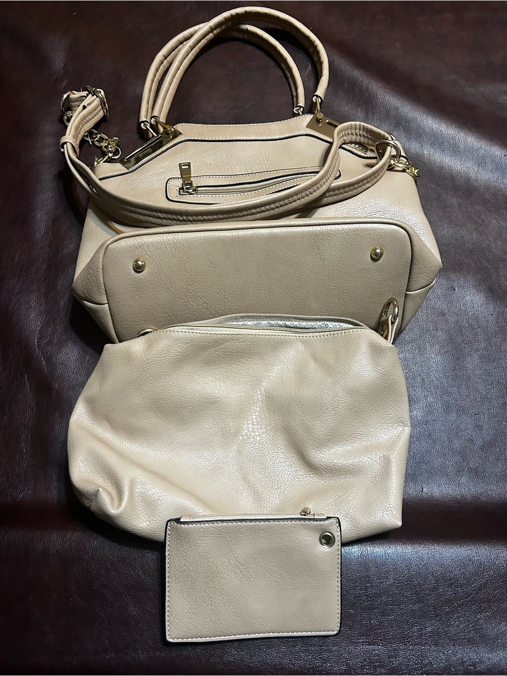 Black Rivet Tan Pebbled Satchel Crossbody Pouch Wallet 3 Piece— Gold Hardware